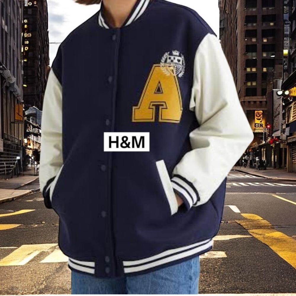 H&M Women's Varsity Jacket in Navy and Cream size medium